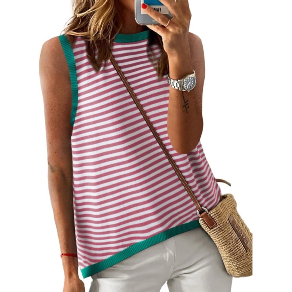 Dokotoo Striped Color Block High Neck Tank Top Loose Knit High Low Sleeveless